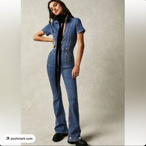 Free People Revolve Jayde Flare Jumpsuit M in Sunburst Blue